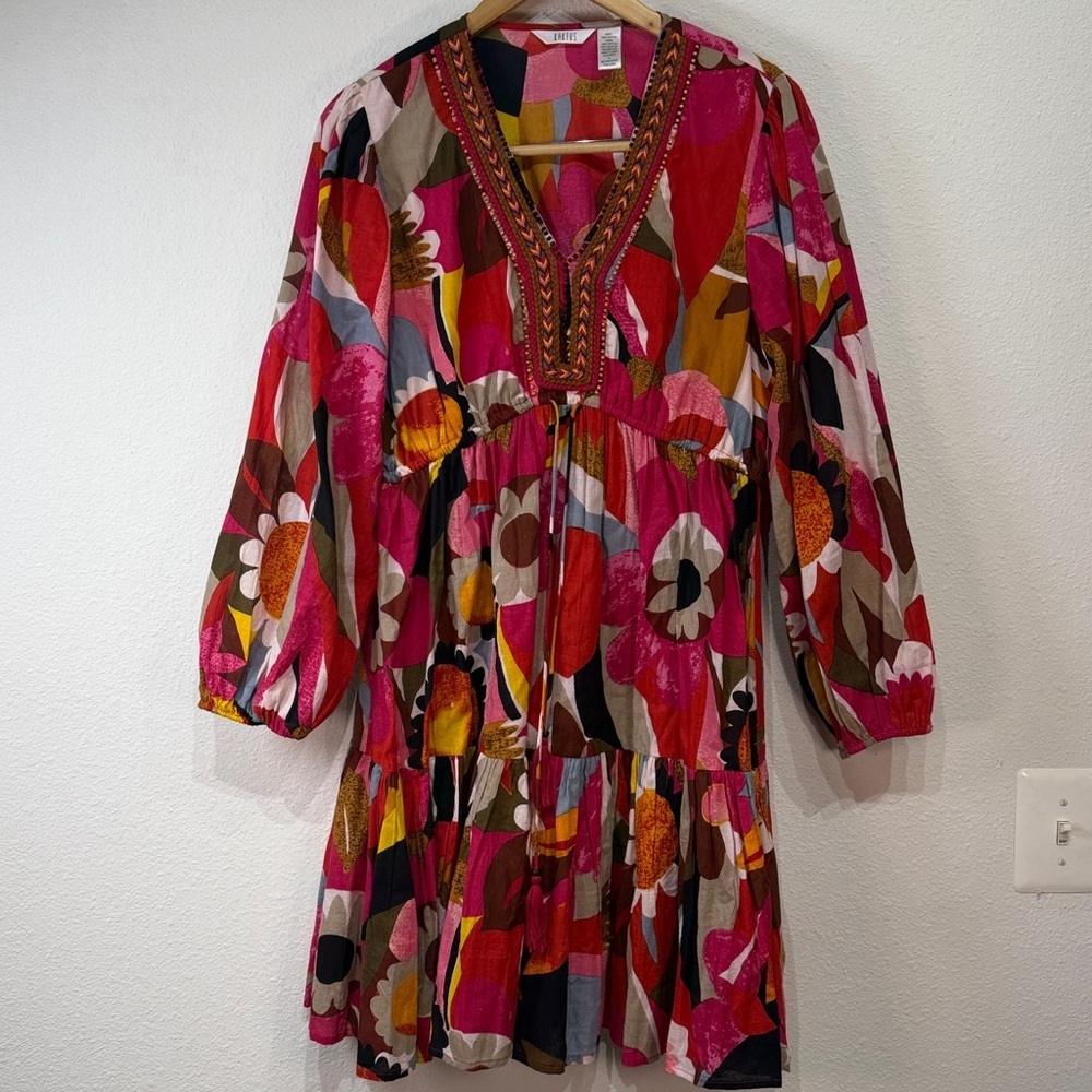 Kaktus Bright Floral Boho V-Neck Tunic Dress dress size Large - Picture 2 of 11